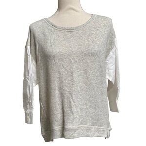LOFT Gray Knit Mixed Media Top Small White Poplin Sleeve Pullover Blouse